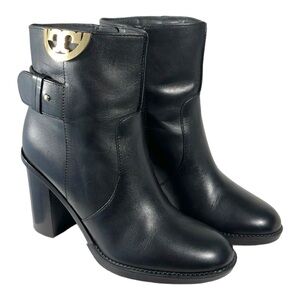 TORY BURCH SIDNEY PERFECT BLACK Calf Leather GOLD Strap Ankle Bootie Sz 6.